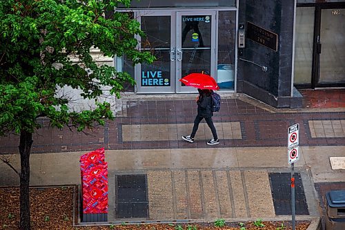 MIKE DEAL / WINNIPEG FREE PRESS
A wet Portage Avenue sidewalk gleams while an umbrella toting pedestrian walks towards their destination Wednesday afternoon.
210609 - Wednesday, June 09, 2021.
