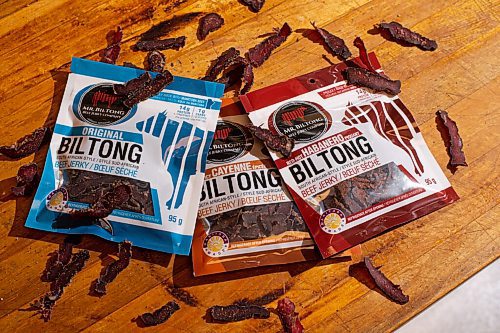 MIKE SUDOMA / WINNIPEG FREE PRESS
Packages of Mr Biltong Beef Jerky sit on a counter Tuesday
June 9, 2021