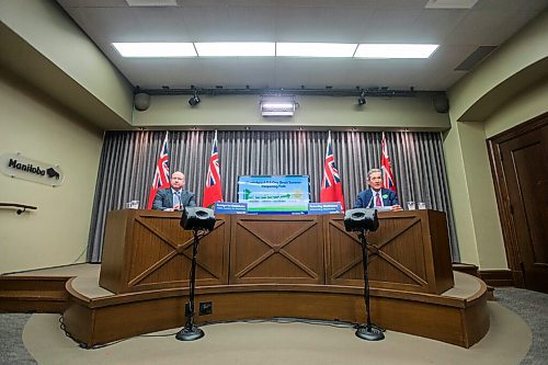 MIKAELA MACKENZIE / WINNIPEG FREE PRESS

Dr. Brent Roussin, chief provincial public health officer (left), and premier Brian Pallister outline the summer reopening plan at the Manitoba Legislative Building in Winnipeg on Thursday, June 10, 2021. For Danielle story.
Winnipeg Free Press 2021.