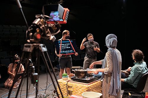 ALEX LUPUL / WINNIPEG FREE PRESS  

Hazel Venzon, Montaser Al Jaheh, Charles Venzon, Suzan Palani and Amin Montazeri are  photographed during rehearsals at the RMTC Warehouse in Winnipeg on Thursday, June 10, 2021. Embrace is a theatre show that attempts to connect audiences with immigrant experiences through food. The cast includes individuals from Jordan, Kurdistan and Syria, who will be telling their stories of immigration while showing viewers how to make a special dish from their home country.

Reporter: Eva Wasney