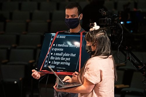 ALEX LUPUL / WINNIPEG FREE PRESS  

Assistant Director Montaser Al Jaheh and Creator/Director/Producer Hazel Venzon are photographed during rehearsals at the RMTC Warehouse in Winnipeg on Thursday, June 10, 2021. Embrace is a theatre show that attempts to connect audiences with immigrant experiences through food. The cast includes individuals from Jordan, Kurdistan and Syria, who will be telling their stories of immigration while showing viewers how to make a special dish from their home country.

Reporter: Eva Wasney