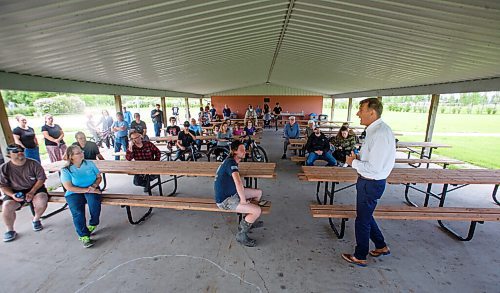 MIKE DEAL / WINNIPEG FREE PRESS
Maxime Bernier leader of the People's Party of Canada made his first of around ten stops in the next three days to encourage people to support his party at Hespeler Park in Niverville, MB, Friday morning.
210611 - Friday, June 11, 2021.