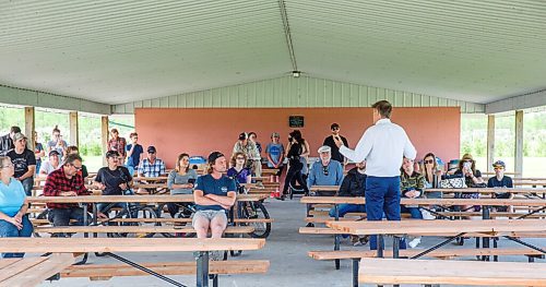 MIKE DEAL / WINNIPEG FREE PRESS
Maxime Bernier leader of the People's Party of Canada made his first of around ten stops in the next three days to encourage people to support his party at Hespeler Park in Niverville, MB, Friday morning.
210611 - Friday, June 11, 2021.