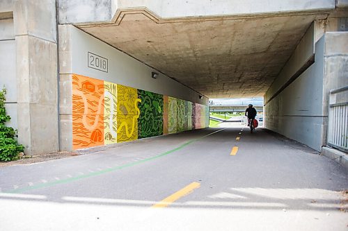 MIKAELA MACKENZIE / WINNIPEG FREE PRESS

Cyclists pass by a new mural by Natalie Baird at the Jubilee overpass bike route, which was painted as part of the Wheels of Courage volunteer program, in Winnipeg on Friday, June 11, 2021. Bike to Art day, where folks are encouraged to bike to public art displays as part of bike week, is on Saturday June 12. Standup.
Winnipeg Free Press 2021.