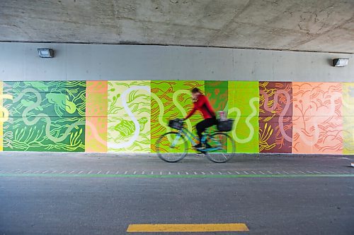 MIKAELA MACKENZIE / WINNIPEG FREE PRESS

Cyclists pass by a new mural by Natalie Baird at the Jubilee overpass bike route, which was painted as part of the Wheels of Courage volunteer program, in Winnipeg on Friday, June 11, 2021. Bike to Art day, where folks are encouraged to bike to public art displays as part of bike week, is on Saturday June 12. Standup.
Winnipeg Free Press 2021.