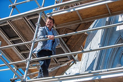 MIKAELA MACKENZIE / WINNIPEG FREE PRESS

Karl Loepp, COO and co-founder of Private Pension Partners, shows the Free Press around the work being done on the Augustine Centre up on the scaffolding by the steeple in Winnipeg on Tuesday, June 15, 2021. For Melissa Martin story.
Winnipeg Free Press 2021.