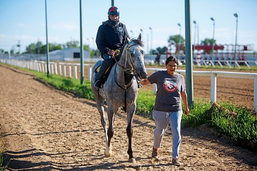 MIKE DEAL / WINNIPEG FREE PRESS
Jockey Sheldon Chickeness on Mission Reality with Jennifer Tourangeau, Assistant trainer for Jerry Gourneau, Thursday morning at the Assiniboia Downs.
210617 - Thursday, June 17, 2021.