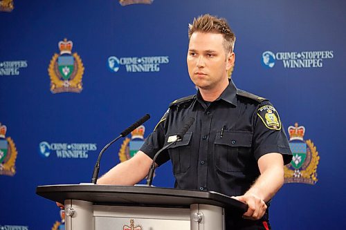 Daniel Crump / Winnipeg Free Press. Constable Jay Murray provides an update on the homicide of a 12-year-old youth. The homicide took place on Friday evening in the 200 block of Burrows avenue. June 19, 2021.