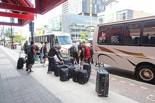 MIKE DEAL / WINNIPEG FREE PRESS
Head coach Rob Gale and goalie coach Patrick Di Stefani review all the luggage before heading into the bubble.
Members of the Valour FC arrive at the Raddison Hotel on Portage Avenue Monday afternoon where the Canadian Premiere League bubble has been set up.
See Taylor Allen story 
210621 - Monday, June 21, 2021.