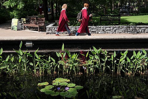 ALEX LUPUL / WINNIPEG FREE PRESS  

Westwood Collegiate graduates walk past a pond at the Leo Mol Sculpture Garden in Winnipeg on Wednesday, June 23, 2021.