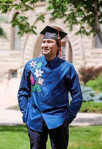 RUTH BONNEVILLE / WINNIPEG FREE PRESS

49.8 VIRUS THREE FAMILIES: following three families in 3 different types of schooling. 

Photo of Josiah Parenteau dressed with his graduation cap and traditional embellished dress shirt outside his school, U of W Collegiate High School, Thursday.  His mom, Anna Parenteau, drove him to pick up his graduation cap and gown for an upcoming grad celebration.  

Story: following three families  a homeschooling family, remote learning family and in-class instruction family  to document their learning curves during the pandemic. The last (fourth) edition will run July 3.

June 24,, 2021

