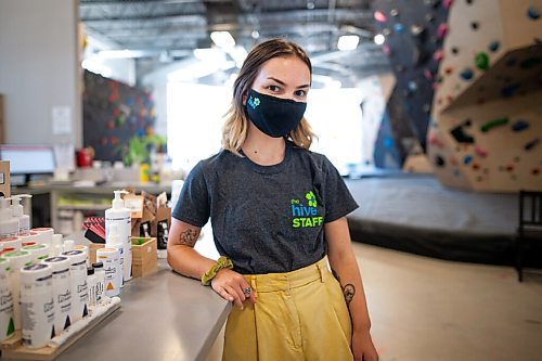 Daniel Crump / Winnipeg Free Press. Heather Taylor, a staff member at the Hive bouldering gym. The Hive is welcoming climbers through its doors once again after an easing of public health restrictions on Saturday. June 26, 2021.