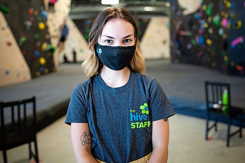 Daniel Crump / Winnipeg Free Press. Heather Taylor, a staff member at the Hive bouldering gym. The Hive is welcoming climbers through its doors once again after an easing of public health restrictions on Saturday. June 26, 2021.