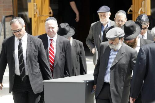 WINNIPEG, MAN: JUNE 25, 2008 -- Pallbearers carry the body of Samuel Golubchuk after a funeral ceremony June 25, 2008 in Winnipeg, Man. on Main Street. -  lawyer Neil Kravetsky, left, and Dr. Joel Zivot,  right with shades, and Percy Golubchuk, in back with hat  MIKE APORIUS/WINNIPEG FREE PRESS