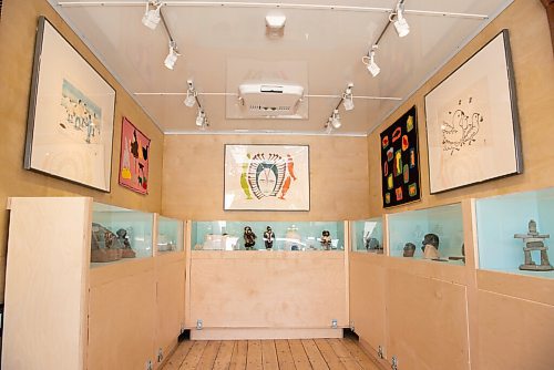 ALEX LUPUL / WINNIPEG FREE PRESS  

Artwork is photographed inside of a retrofitted tour vehicle named Nakatamaakewin in Winnipeg on Tuesday, June 29, 2021. The vehicle will tour the province, bringing a culturally-rich and diverse display of art to communities.