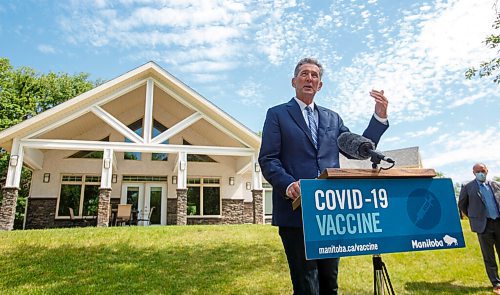 MIKE DEAL / WINNIPEG FREE PRESS
Premier Brian Pallister announced during a press conference, Tuesday morning, outside the Spirit Cottage at St. Amant Centre, 400 River Road, that his government is partnering with community-led organizations to increase COVID-19 vaccination uptake to help ensure that the province reaches its vaccination targets as quickly as possible.
210629 - Tuesday, June 29, 2021.