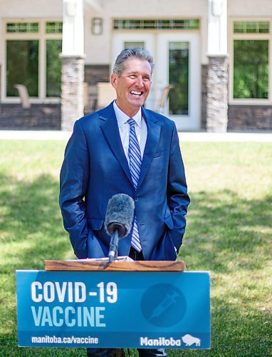 MIKE DEAL / WINNIPEG FREE PRESS
Premier Brian Pallister announced during a press conference, Tuesday morning, outside the Spirit Cottage at St. Amant Centre, 400 River Road, that his government is partnering with community-led organizations to increase COVID-19 vaccination uptake to help ensure that the province reaches its vaccination targets as quickly as possible.
210629 - Tuesday, June 29, 2021.