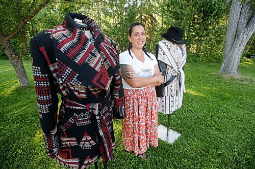 JOHN WOODS / WINNIPEG FREE PRESS
Wendy Sinclair, designer and owner of Pretty Windy Designs, is photographed with her creations at her home in Beaconia Tuesday, June 29, 2021. She designs all sorts of things from ponchos, blankets skirts, vests and jackets. Her designs are influenced by her Ojibway heritage on Brokenhead.

Reporter: Small