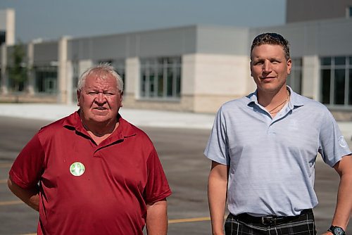 ALEX LUPUL / WINNIPEG FREE PRESS  

Clarence Braun and Ray Dowse pose for a portrait outside of the Niverville Community Resource & Recreation Centre on Thursday, July 1, 2021.

Reporter: Mike Sawatzky