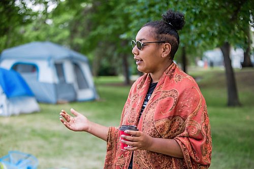 MIKAELA MACKENZIE / WINNIPEG FREE PRESS

Aaliyah Leach, coordinator, speaks to the Free Press at the sacred fire and healing village on the Legislative grounds in Winnipeg on Monday, July 5, 2021. For Carol Sanders story.
Winnipeg Free Press 2021.