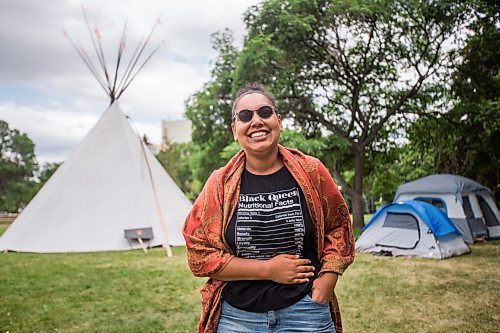 MIKAELA MACKENZIE / WINNIPEG FREE PRESS

Aaliyah Leach, coordinator, poses for a portrait at the sacred fire and healing village on the Legislative grounds in Winnipeg on Monday, July 5, 2021. For Carol Sanders story.
Winnipeg Free Press 2021.