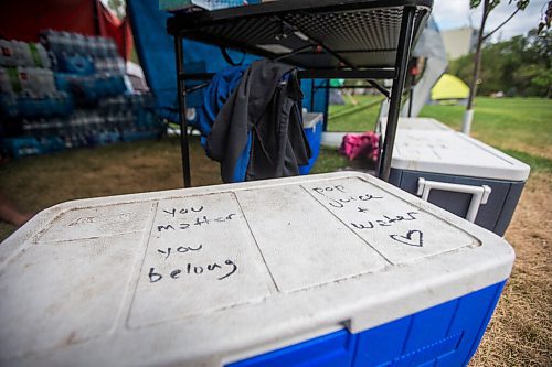 MIKAELA MACKENZIE / WINNIPEG FREE PRESS

Positive messages on the drinks coolers at the sacred fire and healing village on the Legislative grounds in Winnipeg on Monday, July 5, 2021. For Carol Sanders story.
Winnipeg Free Press 2021.