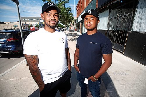 JOHN WOODS / WINNIPEG FREE PRESS
Daniel Hidalgo, left, founder of CommUNITY204, and Rylee Nepinak, founder of Anishiative, two community groups focused on front line support for vulnerable community members are photographed on Main St in Winnipeg Monday, July 5, 2021. Winnipeg police are holding diverse hire workshops with the intention to hire a more diverse workforce. Some community leaders are concerned that its not enough to support communities.

Reporter: Rutgers