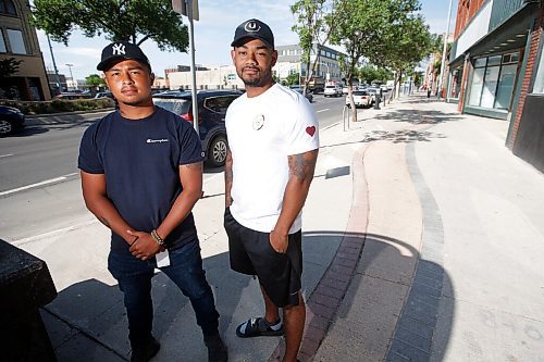 JOHN WOODS / WINNIPEG FREE PRESS
Daniel Hidalgo, right, founder of CommUNITY204, and Rylee Nepinak, founder of Anishiative, two community groups focused on front line support for vulnerable community members are photographed on Main St in Winnipeg Monday, July 5, 2021. Winnipeg police are holding diverse hire workshops with the intention to hire a more diverse workforce. Some community leaders are concerned that its not enough to support communities.

Reporter: Rutgers