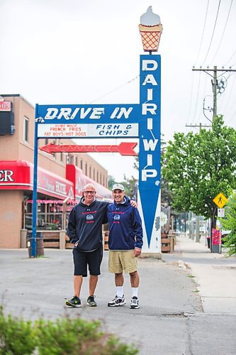 MIKAELA MACKENZIE / WINNIPEG FREE PRESS

Cousins Trif (left) and Dean Lambos pose for a portrait in front of the Dairi-Wip Drive In, one of the more iconic burger joints in town, in Winnipeg on Tuesday, July 6, 2021. For Dave Sanderson story.
Winnipeg Free Press 2021.