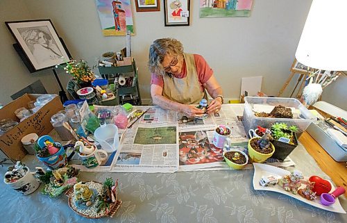 MIKE DEAL / WINNIPEG FREE PRESS
Artist, Neta Bourlas putting together some of the vignettes she has been making with succulents for hospitals in Winnipeg. She started a similar project when she lived in San Diego and has continued with it since moving back recently.
See Gillian Brown story
210706 - Tuesday, July 06, 2021.