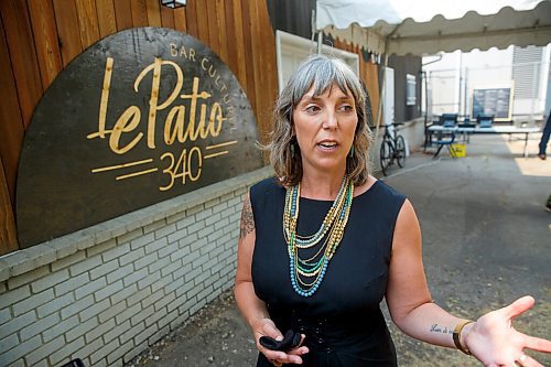 MIKE DEAL / WINNIPEG FREE PRESS
Ginette Lavack, CEO of the Centre culturel franco-manitobain during the official opening of Le Patio 340, Winnipegs new pop-up, summertime and bilingual cultural bar. 
Run by Centre culturel franco-manitobain with food by Stella's. At 14,000 sq.ft, Le Patio 340 is set in a park like area just east of the main Centre Culturel Franco-Manitobain complex.
See Ben Sigurdson story
210707 - Wednesday, July 07, 2021.