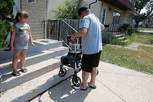 JOHN WOODS / WINNIPEG FREE PRESS
Miles Kasprick, 43, who had Covid and was transferred to Ontario by the Manitoba government for care, is photographed with his wife Keri and daughter Macey, 5, outside their home in Winnipeg Wednesday, July 7, 2021. Kasprick now needs a walker to get around and homecare for some of his medical needs. Kasprick feels he received great care in Ontario but healthcare cutbacks leave Manitobas medical staff struggling at this time.

Reporter: ?