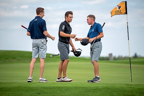 ALEX LUPUL / WINNIPEG FREE PRESS  

Braxton Kuntz, centre, is congratulated by fellow golfers Ryan Blair, left, and Jordon McDonald, right, following his victory at the Golf Manitoba Junior Men's Championship at the Shilo Country Club in Shilo on Wednesday, July 7, 2021.

Reporter: Joseph Bernacki