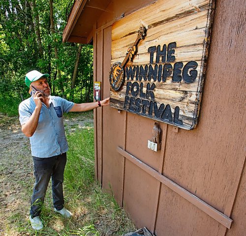 MIKE DEAL / WINNIPEG FREE PRESS
Chris Frayer, Artistic Director at Winnipeg Folk Festival by the old sign on an office building that will be replaced this summer. One of a few maintenance things that need to get done at the Folk Festival site in Birdshill Provincial Park, even though there is no festival this year.
See Ben Waldman story
210707 - Wednesday, July 07, 2021.