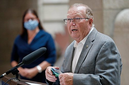 JOHN WOODS / WINNIPEG FREE PRESS
Health and Seniors Care Minister Heather Stefanson listens in as Economic Development and Jobs Minister Ralph Eichler, announced new nursing program today at the Manitoba Legislature n Winnipeg Thursday, July 8, 2021.

Reporter: ?