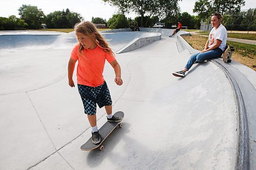 JOHN WOODS / WINNIPEG FREE PRESS
Jaimie Isaac and her son James skateboard at Chornick Park in Winnipeg Thursday, July 8, 2021. Isaac, a curator at the Winnipeg Art Gallery, curated an art show, Boarder X, which presented contemporary work by artists from indigenous communities across Canada who surf, skate and snowboard. Isaac used to skate this park when she was a child.

Reporter: Sabrina
