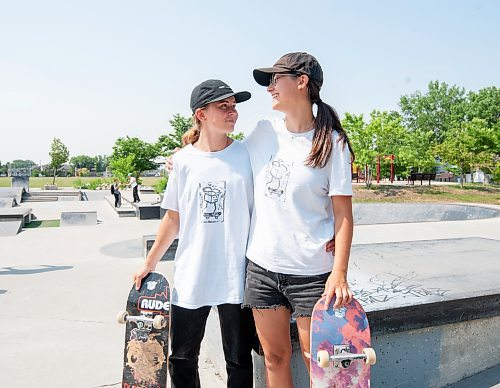 MIKE SUDOMA / WINNIPEG FREE PRESS

(Left to Right) Emilie Rafnson and Maddy Nowasad share a moment as they take a break whiles skateboarding at Riverbend Skatepark Wednesday afternoon. 

July 7, 2021