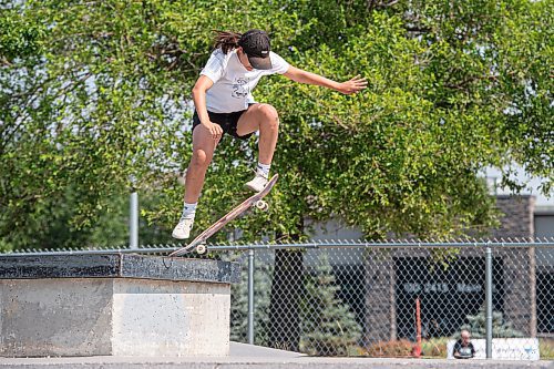 MIKE SUDOMA / WINNIPEG FREE PRESS

Maddy Nowasad Ollies off of a box during a session with her partner, Emilie Rafnson at Riverbend Skatepark Wednesday afternoon

July 7, 2021