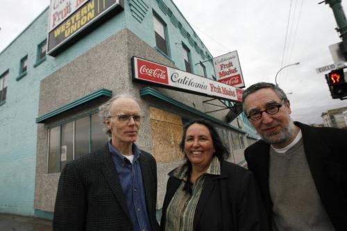 MIKE.DEAL@FREEPRESS.MB.CA 100403 - Saturday, April 3rd, 2010 (l-r) Russ Rothney, Project Managern for Neechi Commons, Louise Champagne, President of Neechi Foods Co-op, and Wins Bridgman from Bridgman Collabrative in front of the old California Fruit Market on Main Street. See Murray McNeill Story MIKE DEAL / WINNIPEG FREE PRESS