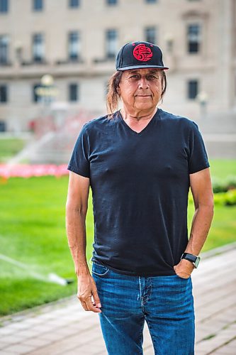 MIKAELA MACKENZIE / WINNIPEG FREE PRESS

Vince Fontaine, an Ojibway musician and lead singer of Eagle & Hawk and Indian City, poses for a portrait by the empty platform on the legislative grounds in Winnipeg on Monday, July 12, 2021. He is one of several local Indigenous artists sharing their thoughts on what should replace the toppled statue of Queen Victoria at the Manitoba Legislative Building. For Eva Wasney story.
Winnipeg Free Press 2021.