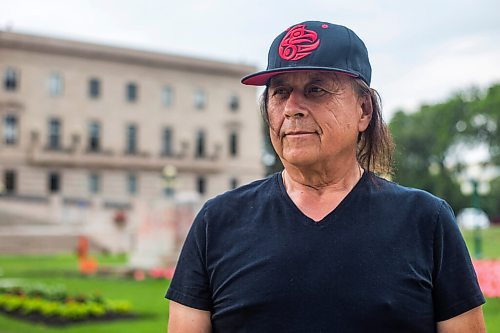 MIKAELA MACKENZIE / WINNIPEG FREE PRESS

Vince Fontaine, an Ojibway musician and lead singer of Eagle & Hawk and Indian City, poses for a portrait by the empty platform on the legislative grounds in Winnipeg on Monday, July 12, 2021. He is one of several local Indigenous artists sharing their thoughts on what should replace the toppled statue of Queen Victoria at the Manitoba Legislative Building. For Eva Wasney story.
Winnipeg Free Press 2021.