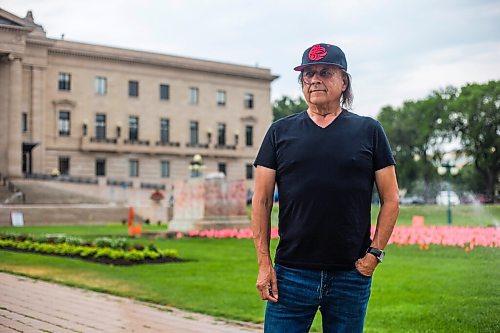 MIKAELA MACKENZIE / WINNIPEG FREE PRESS

Vince Fontaine, an Ojibway musician and lead singer of Eagle & Hawk and Indian City, poses for a portrait by the empty platform on the legislative grounds in Winnipeg on Monday, July 12, 2021. He is one of several local Indigenous artists sharing their thoughts on what should replace the toppled statue of Queen Victoria at the Manitoba Legislative Building. For Eva Wasney story.
Winnipeg Free Press 2021.