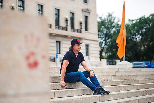 MIKAELA MACKENZIE / WINNIPEG FREE PRESS

Vince Fontaine, an Ojibway musician and lead singer of Eagle & Hawk and Indian City, poses for a portrait on the legislative grounds in Winnipeg on Monday, July 12, 2021. He is one of several local Indigenous artists sharing their thoughts on what should replace the toppled statue of Queen Victoria at the Manitoba Legislative Building. For Eva Wasney story.
Winnipeg Free Press 2021.