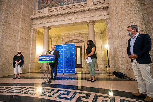 MIKAELA MACKENZIE / WINNIPEG FREE PRESS

Victims Assistance Community Grants Inc. board members Wilma Derksen (left), Ron Evans, Cydney Bergen, and justice minister Cameron Friesen speak about new funding supports for victims of crime at an announcement at the Manitoba Legislative Building in Winnipeg on Tuesday, July 13, 2021. For Dylan Robertson story.
Winnipeg Free Press 2021.