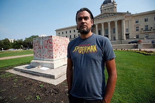 JOHN WOODS / WINNIPEG FREE PRESS
David A. Robertson, one of several local artists/authors sharing their thoughts on what should replace the removed statues of British queens at the Manitoba Legislature in Winnipeg Tuesday, July 13, 2021. 

Reporter: ?