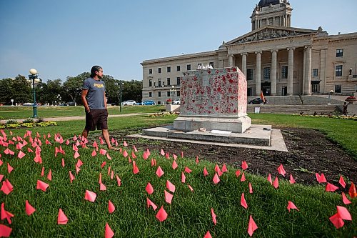 JOHN WOODS / WINNIPEG FREE PRESS
David A. Robertson, one of several local artists/authors sharing their thoughts on what should replace the removed statues of British queens at the Manitoba Legislature in Winnipeg Tuesday, July 13, 2021. 

Reporter: ?