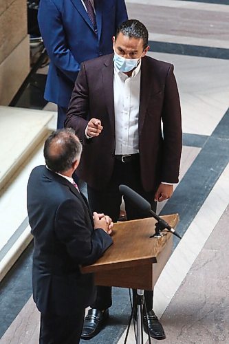 MIKE DEAL / WINNIPEG FREE PRESS
Selkirk MLA Alan Lagimodiere Manitoba's new minister responsible for Indigenous affairs is confronted by Opposition leader Wab Kinew while making a statement to the press about residential schools. 
210715 - Thursday, July 15, 2021