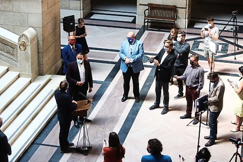 MIKE DEAL / WINNIPEG FREE PRESS
Selkirk MLA Alan Lagimodiere Manitoba's new minister responsible for Indigenous affairs is confronted by Opposition leader Wab Kinew while making a statement to the press about residential schools. 
210715 - Thursday, July 15, 2021