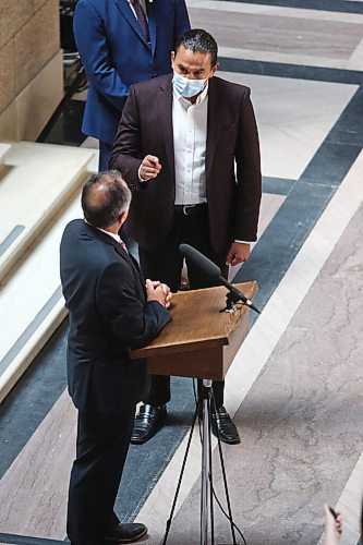 MIKE DEAL / WINNIPEG FREE PRESS
Selkirk MLA Alan Lagimodiere Manitoba's new minister responsible for Indigenous affairs is confronted by Opposition leader Wab Kinew while making a statement to the press about residential schools. 
210715 - Thursday, July 15, 2021