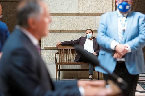 MIKE DEAL / WINNIPEG FREE PRESS
Opposition leader Wab Kinew listens to Selkirk MLA Alan Lagimodiere Manitoba's new minister responsible for Indigenous affairs talk to the press Thursday morning. 
210715 - Thursday, July 15, 2021.